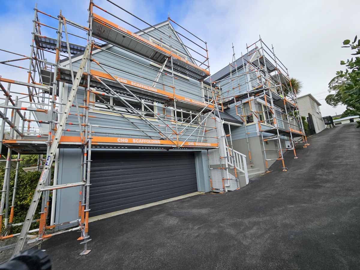 Scaffolding installed around a building for maintenance work.